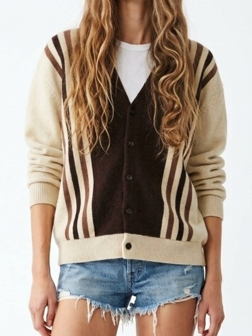Vintage 90's Vertical Striped Button-Front V-Neck Cardigan Sweater In Cream